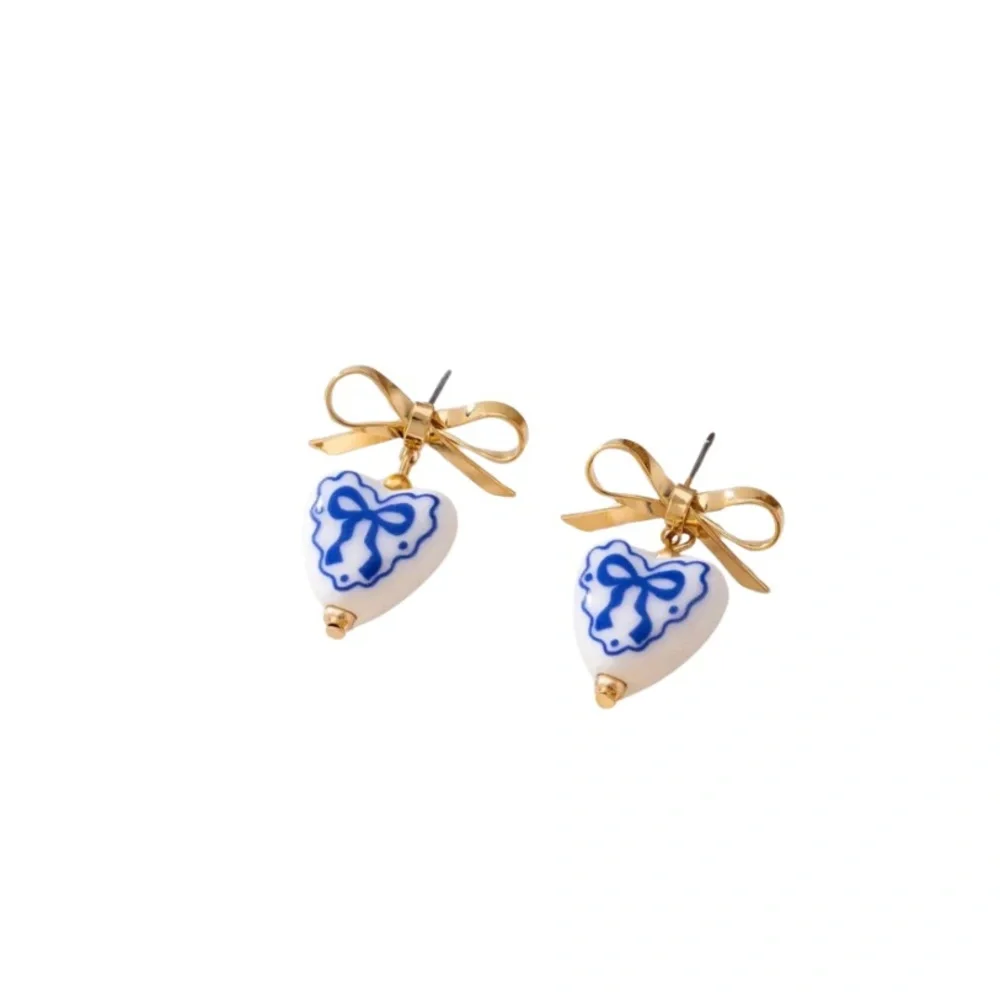 NEW Blue Toile Gold Porcelain Earrings